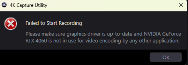 4KCU Failed To Start Recording