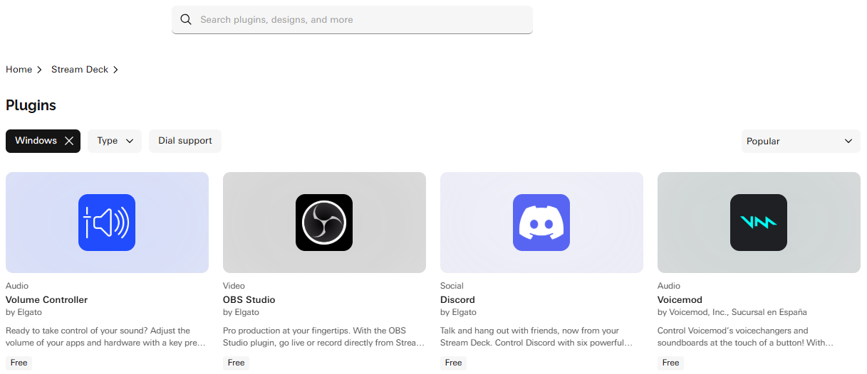 The Stream Deck Plugins section of Marketplace, where you can search or browse for plugins