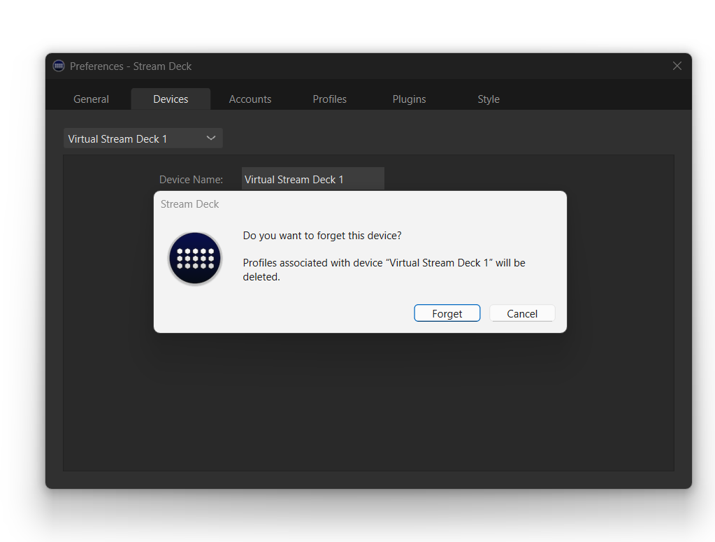 Stream Deck - Forget This Device Dialogue